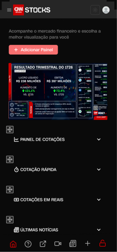 Preview Dashboard CNN Stocks Celular tema escuro